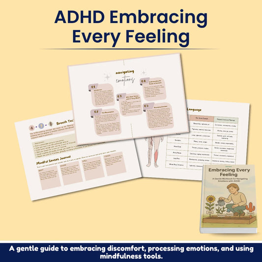 Educational materials on ADHD and emotions with a book titled 'Embracing Every Feeling'