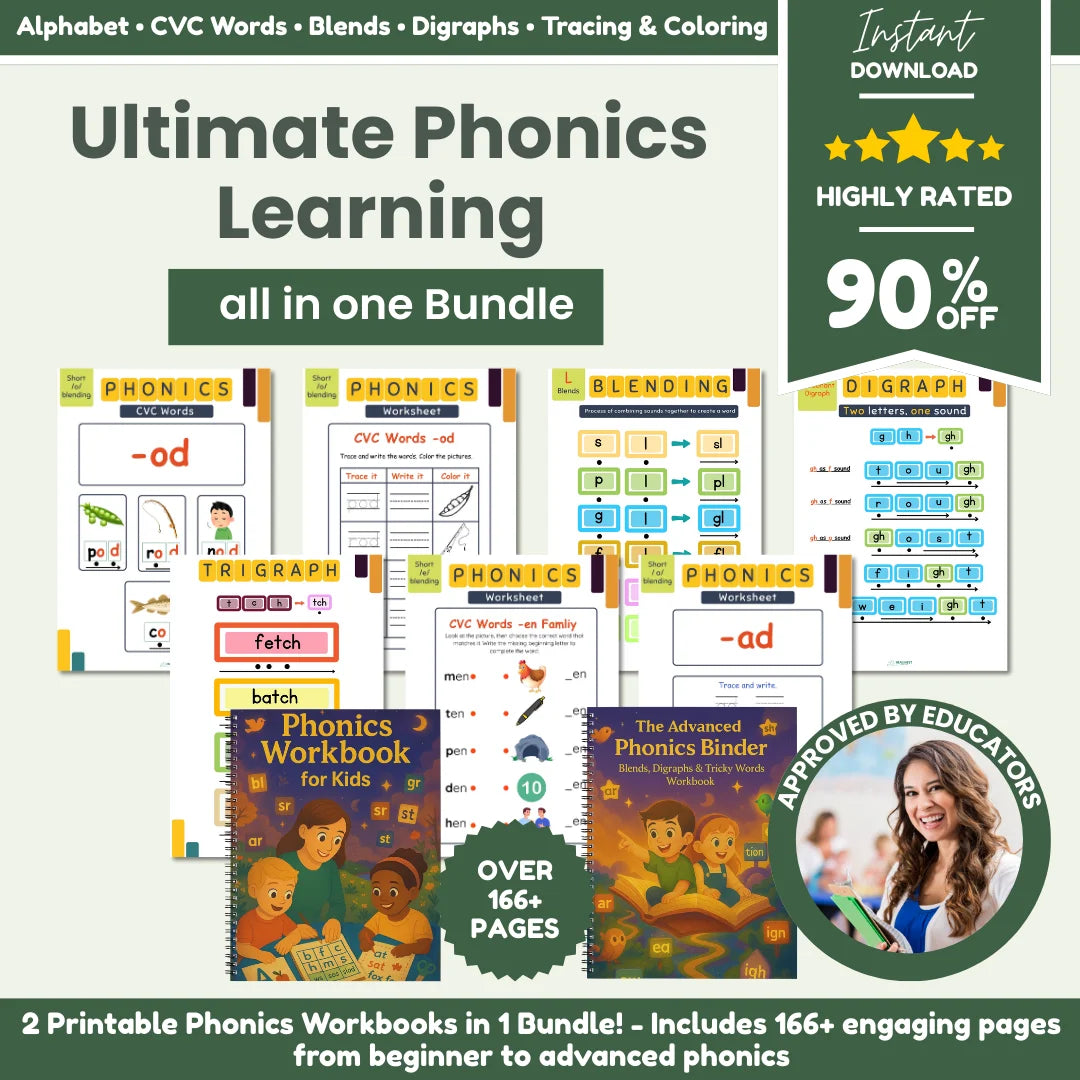 The Ultimate Phonics Learning Bundle For Kids – (166+ pages) All in 1 | From The Alphabet Stage To Advanced Phonics Mastery