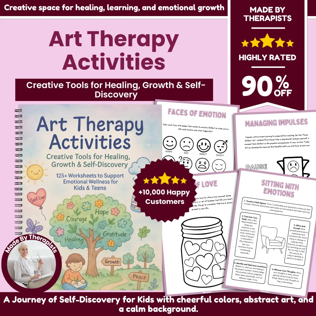 Art therapy workbook cover with child-friendly tree and garden illustration