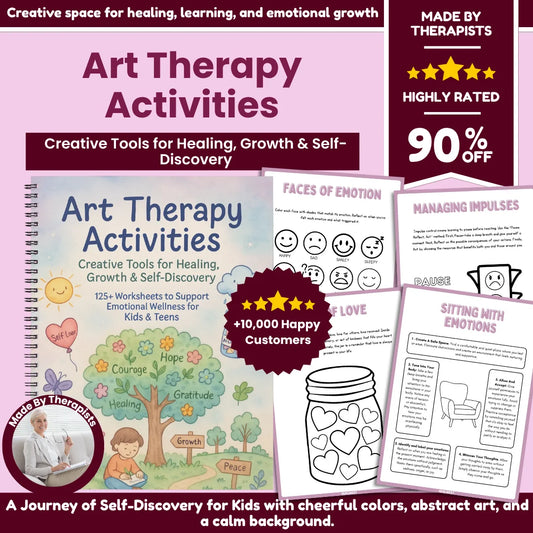 Art therapy workbook cover with child-friendly tree and garden illustration