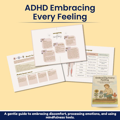 Educational materials on ADHD and emotions with a book titled 'Embracing Every Feeling'