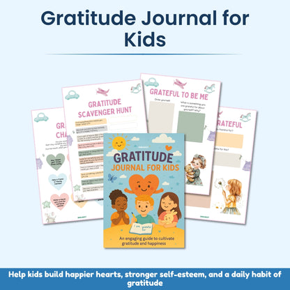 Gratitude journal for kids with positive mindset activities, self-esteem prompts, family reflection, and daily gratitude pages