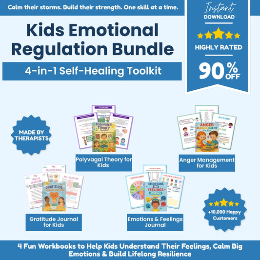 Kids Emotional Regulation Bundle with 4 printable workbooks for anger management, feelings, gratitude, and calm down skills
